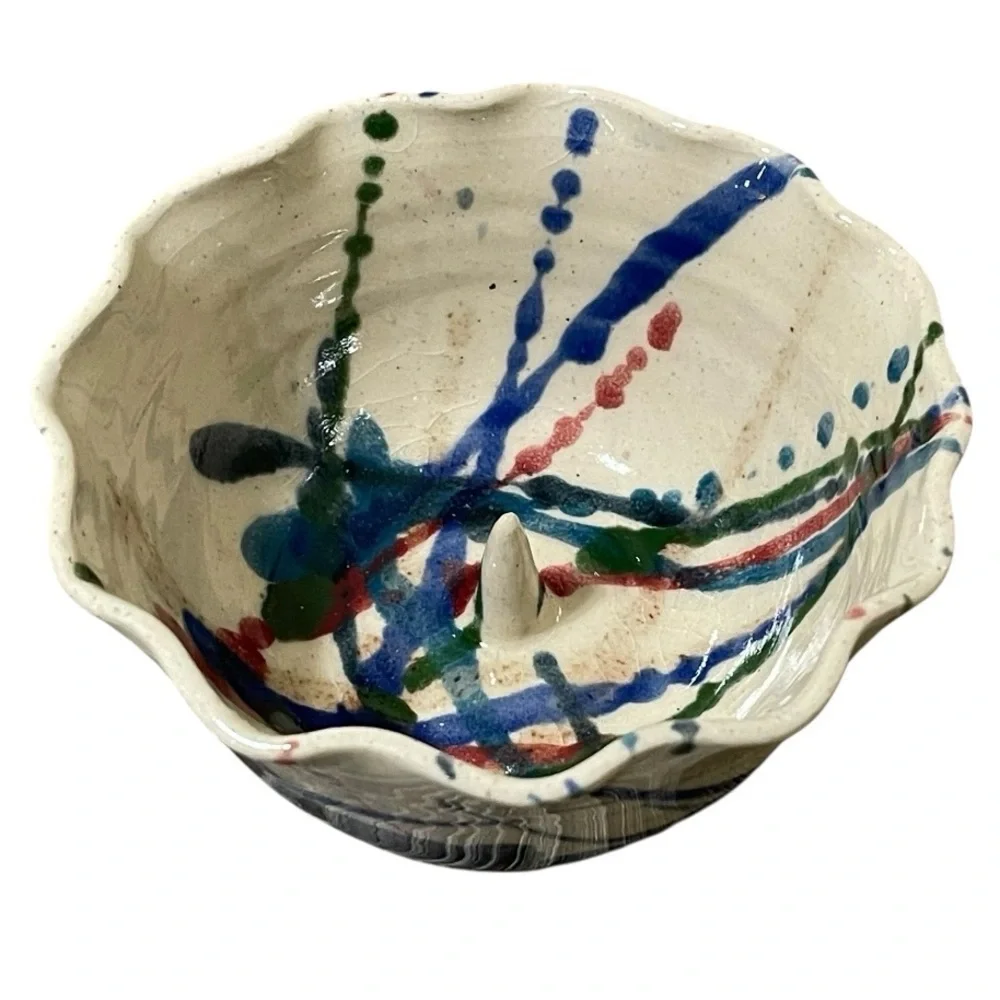 John Garrou Pottery Hand Crafted Ceramic Apple Baker Bowl Paint Splatter Recipe